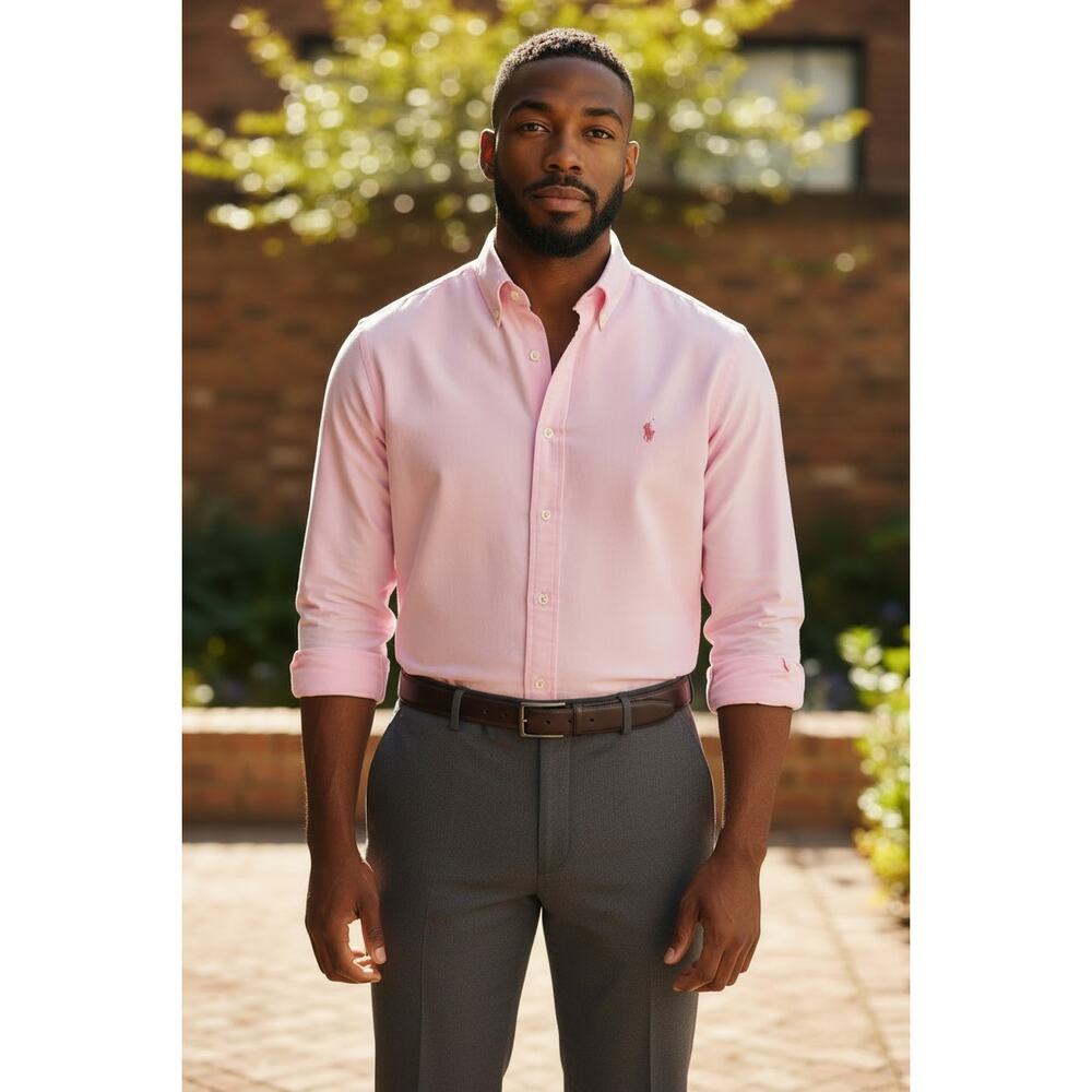 Polo Ralph Lauren pink grid dress shirt polo horse sz 17.5 36/37 cotton button